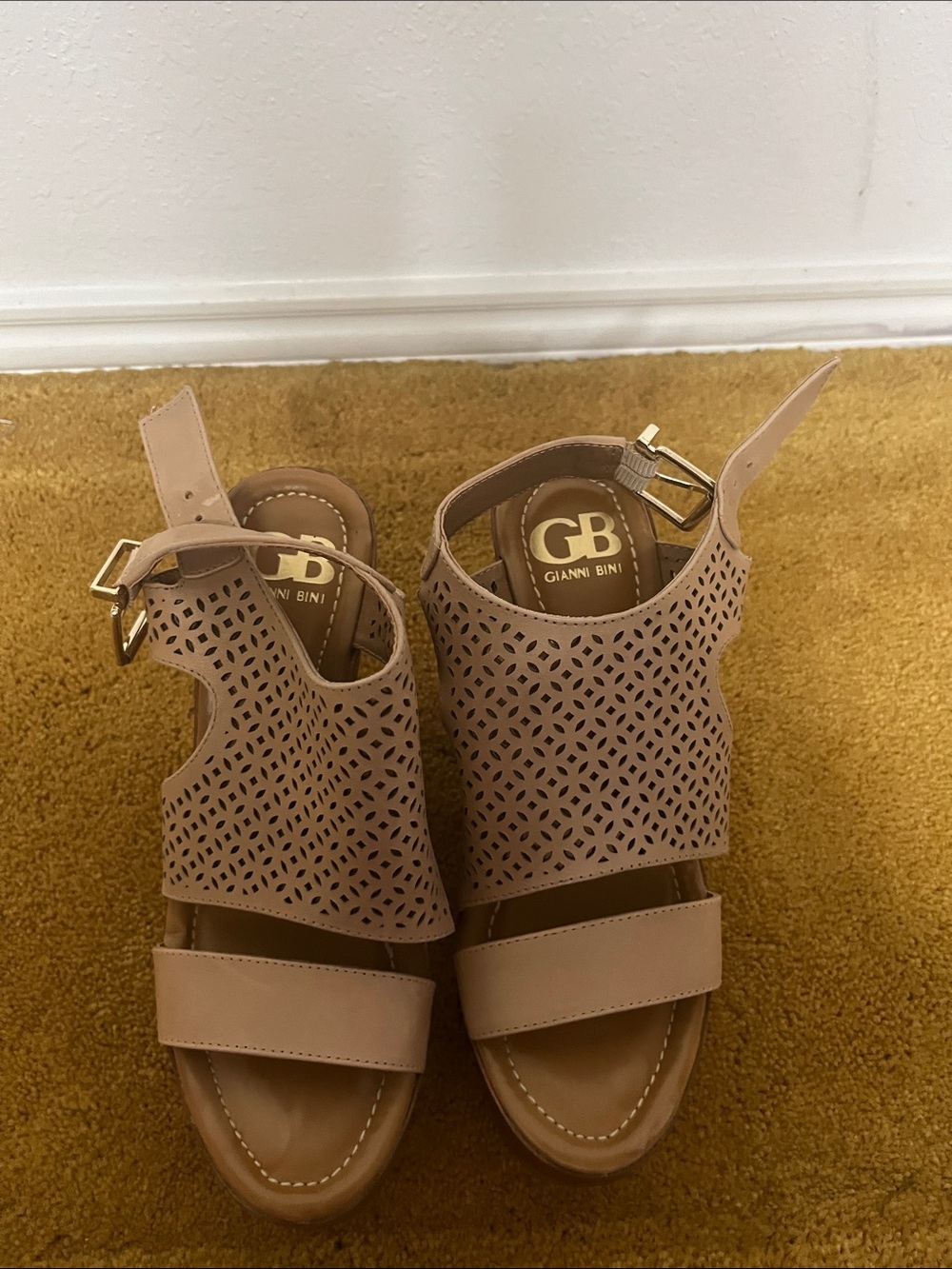 Gianni Bini Nude Tan Laser-Cut Wedge Sandals